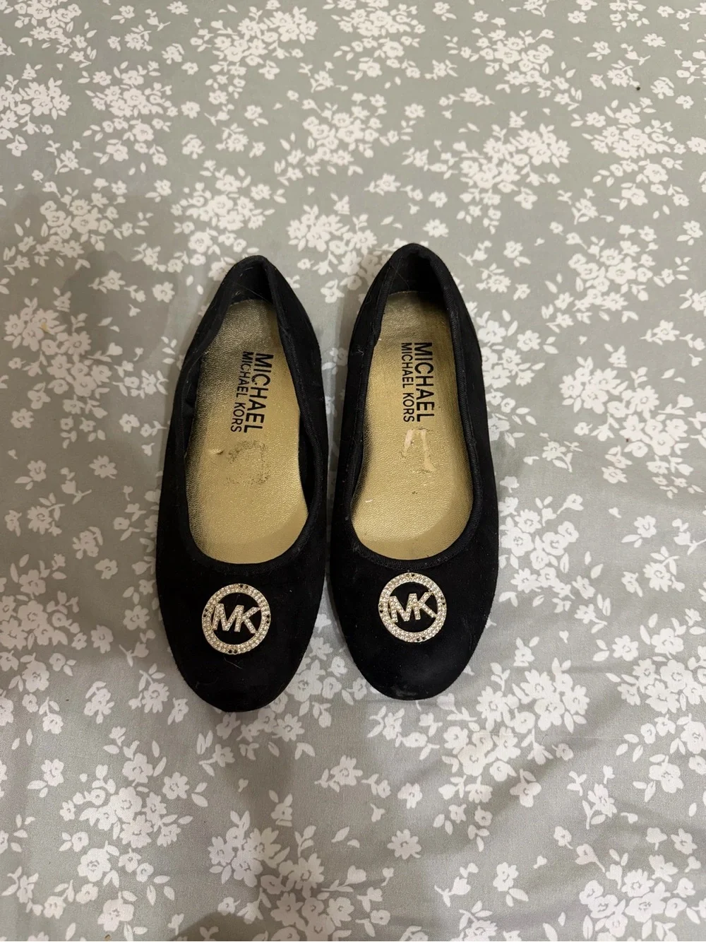 Michael Kors Black Suede MK Logo Ballet Flats with Crystal Emblem